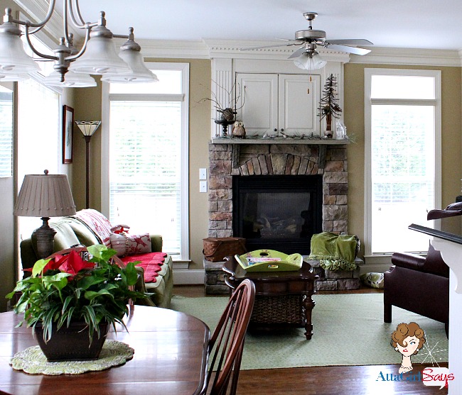 cozy winter keeping room with stone fireplace by AttaGirlSays.com