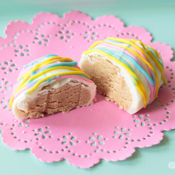 white chocolate peanut butter Easter egg on a pink doily