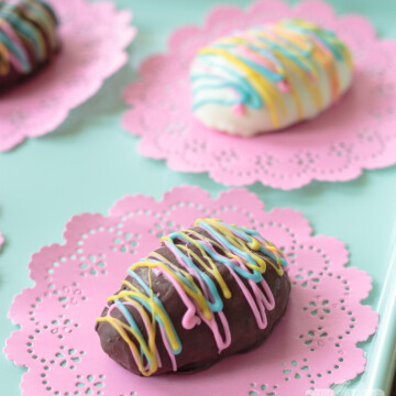 chocolate peanut butter Easter egg drizzled with melted candy