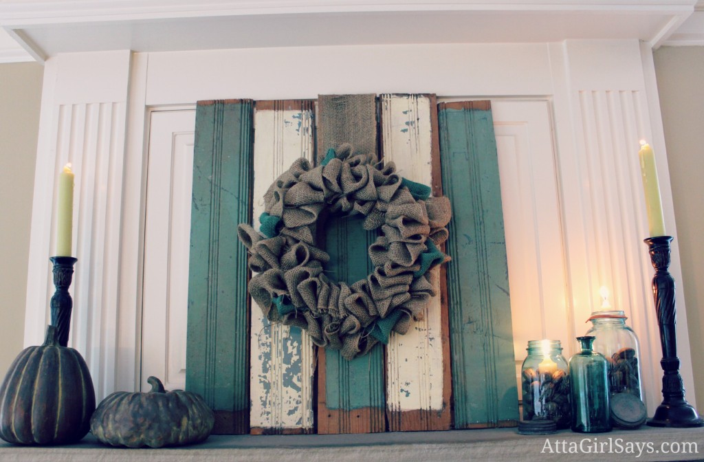 Looking to decorate your mantel for fall? You'll love these fireplace mantel ideas featuring chippy wood, natural elements and shades of aqua and cream.