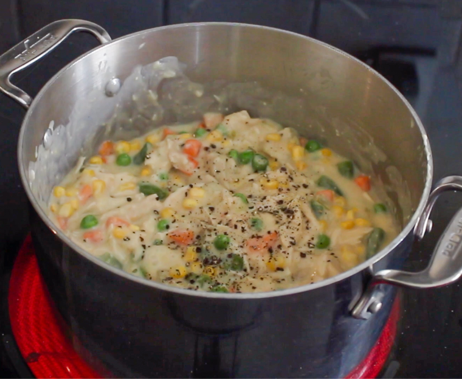 chicken pie filling in a pan