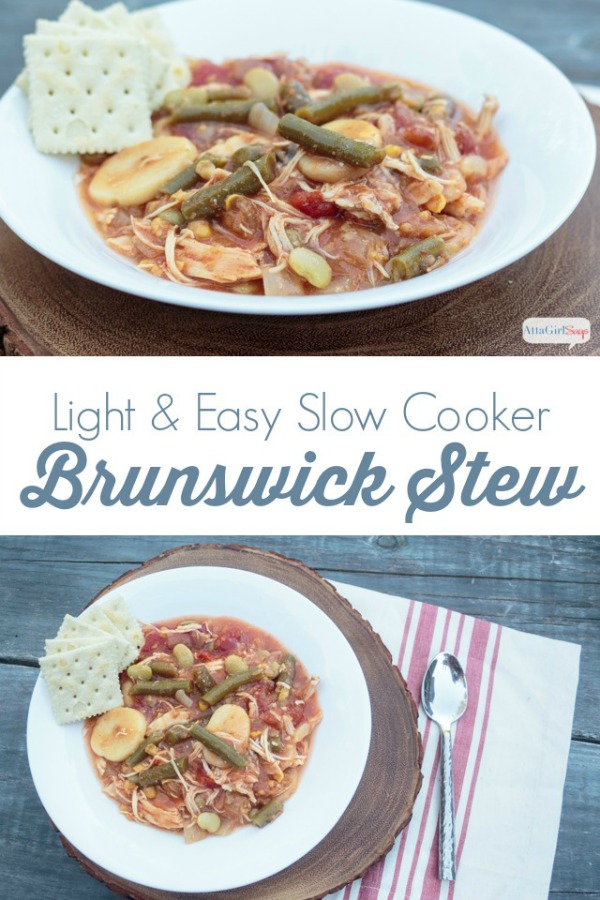collage photo showing a bowl of slow cooker Brunswick stew