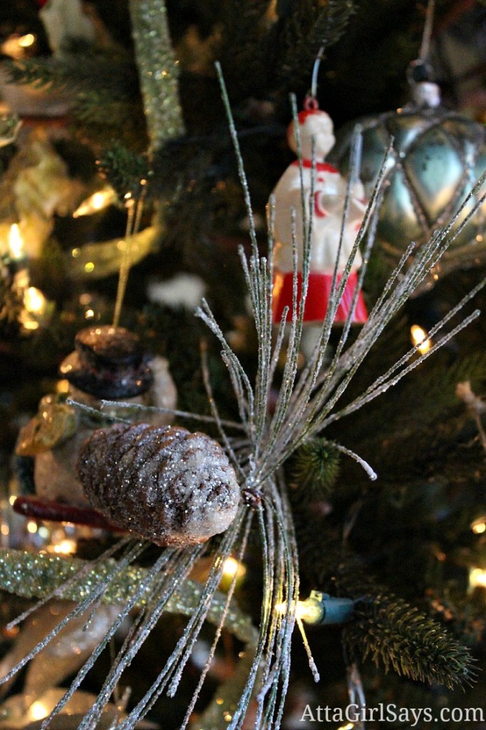pinecones and antique christmas ornament from grandma