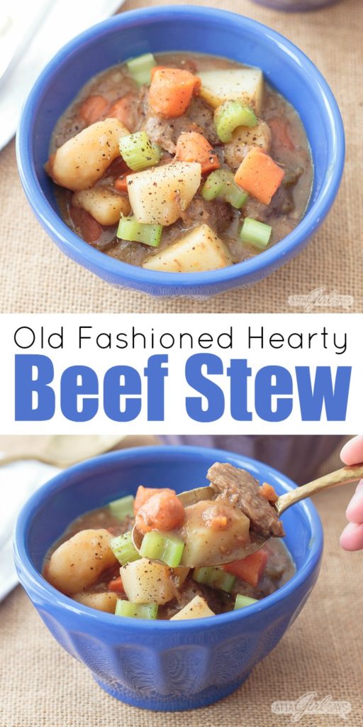 collage photo with an overhead shot and side shot of a bowl of beef stew with carrots, onions, celery and potatoes