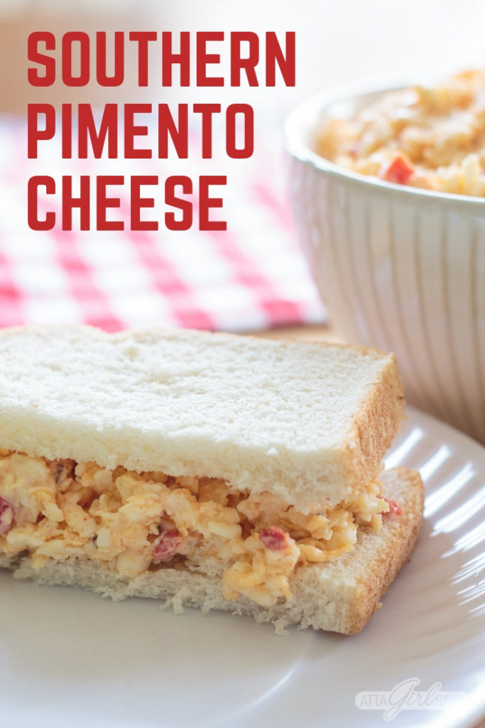 pimento cheese sandwich of a white paper plate