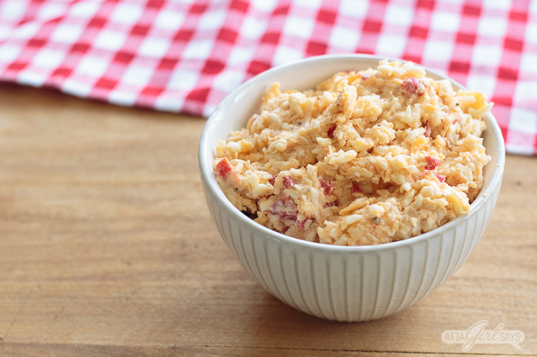 bowl of homemade southern pimento cheese on a wooden table