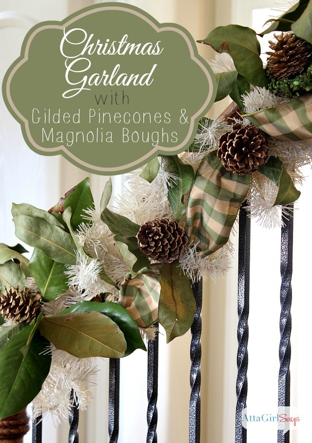 Handmade Christmas Garland of Magnolia Boughs and Gilded Pinecones