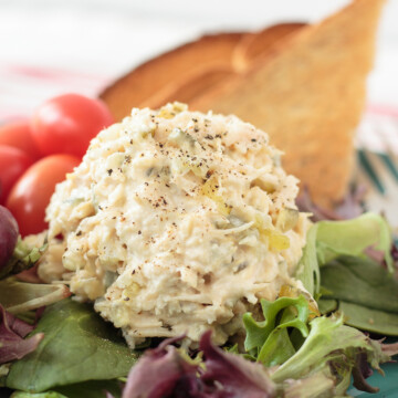 Made using just three simple ingredients, this basic chicken salad is great on a sandwich or atop a bed of lettuce. You can also use it to make bite-sized party appetizers. You can make it using poached chicken, grilled chicken, rotisserie chicken or canned chicken -- whatever you have on hand. #chickensalad #sandwich #lunch