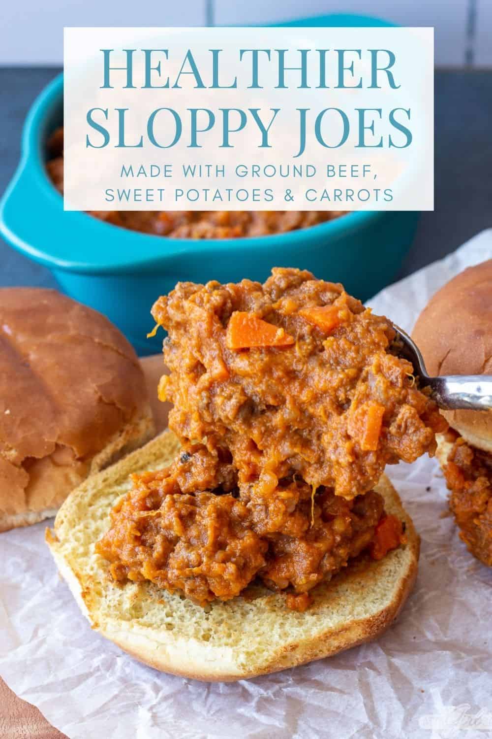 spooning healthy Sloppy Joes filling onto a toasted bun