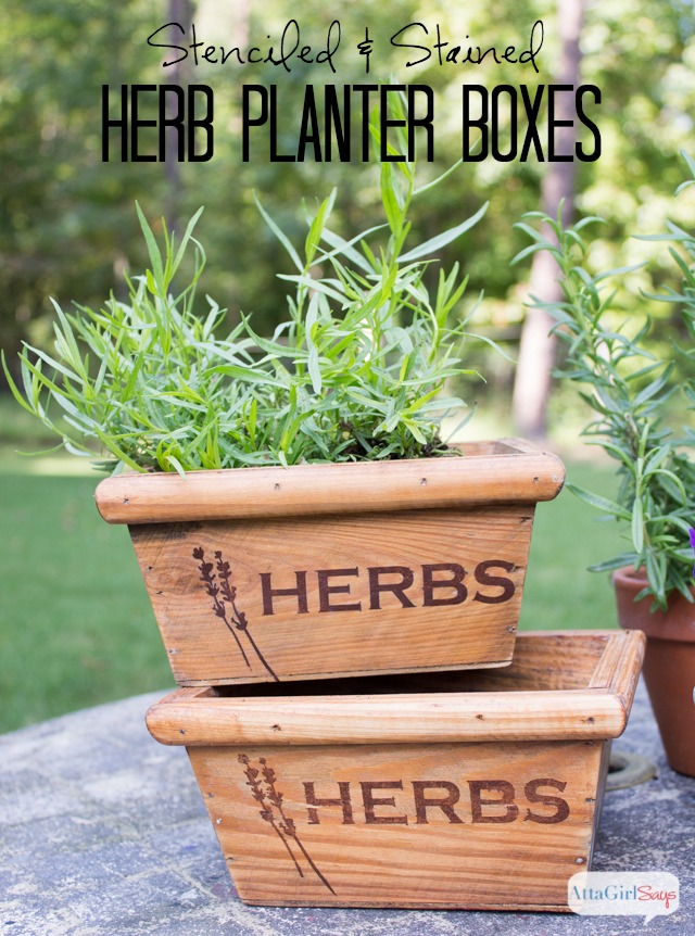 Stenciled & Stained Wooden Herb Boxes #woodprojectshoa with AttaGirlSays.com