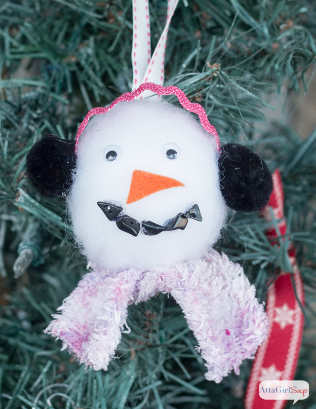 snowman ornament made from fuzzy socks