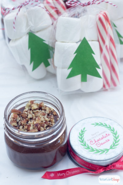 jar of salted caramel chocolate sauce with marshmallows