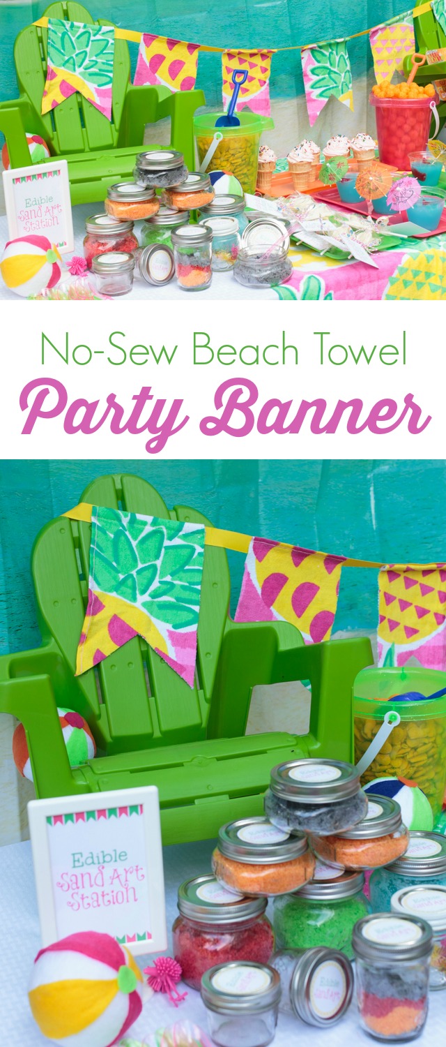 Learn how to make an easy no-sew  party banner using a beach towel. Plus, you'll find lots of great ideas for colorful beach party decorations.