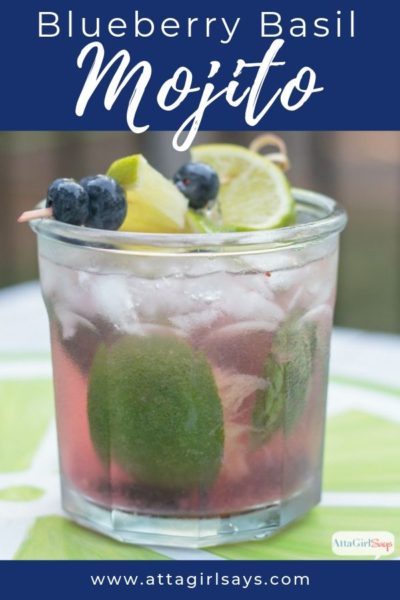 blueberry basil mojito with lime and blueberry garnish