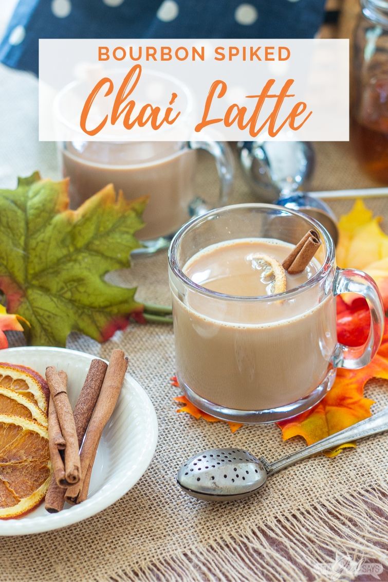 clear glass mug of chai tea lattle with a text overlay