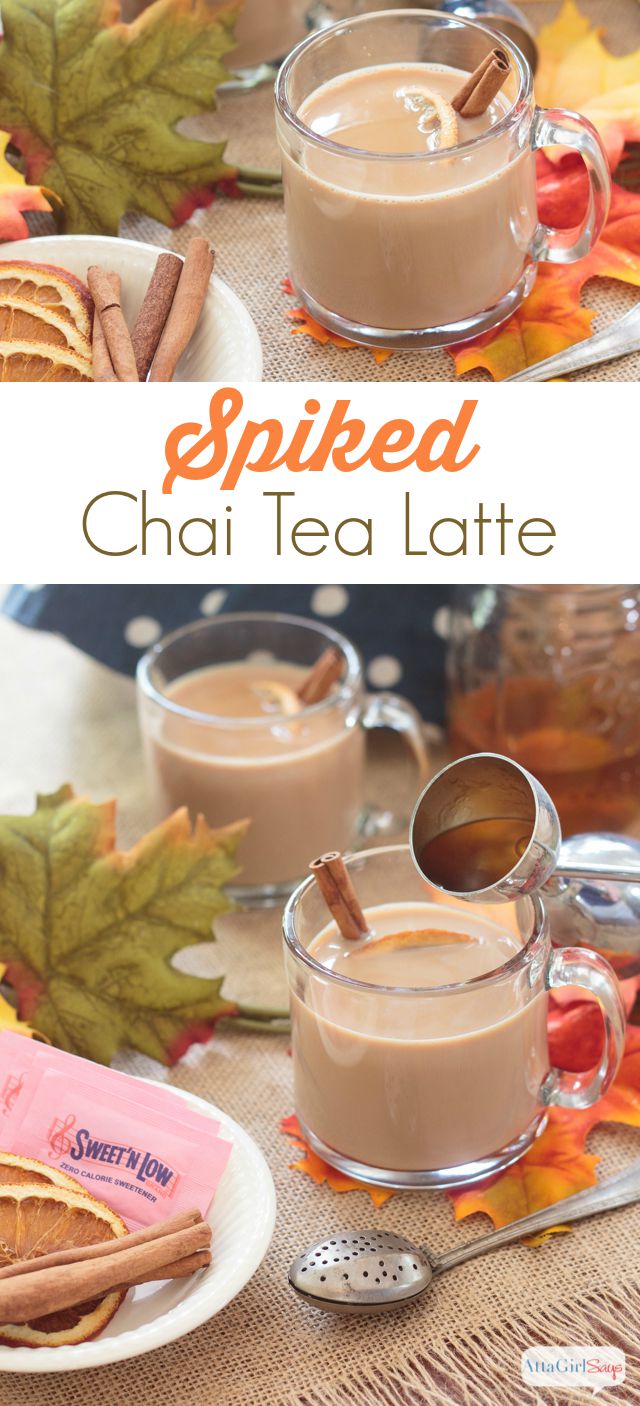 adding bourbon to a mug of spiked chai tea latte