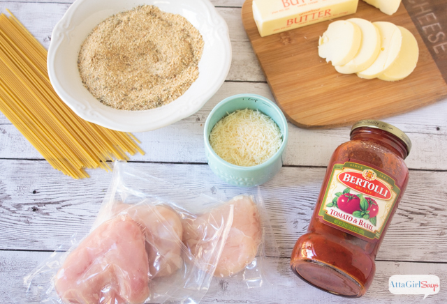 chicken breasts, pasta sauce, bread crumbs, butter, cheese and noodles to make easy baked parmesan chicken recipe