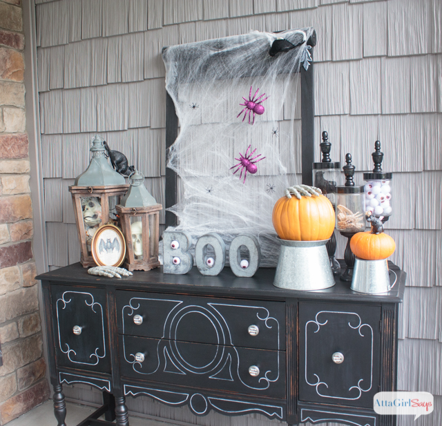 You'll love these scary Halloween decorations. They're spooky with but not gory, so they shouldn't scare away young trick or treaters. You'll find a lot of what you need to create this gothic horror novel vibe at the dollar store!