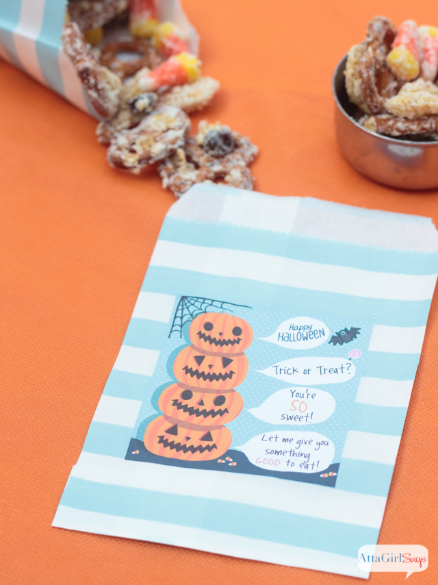 Halloween treat bag with candy corn snack mix