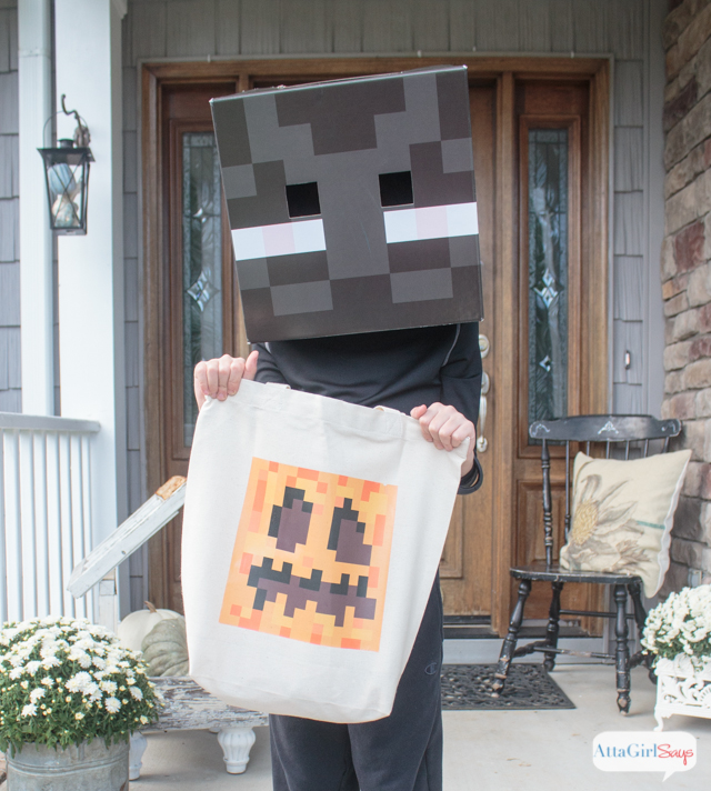 You can't go trick or treating with a plastic pumpkin when you're dressed in a Minecraft Halloween costume. Download this free printable iron-on transfer pattern to make your own Minecraft pumpkin treat bag.