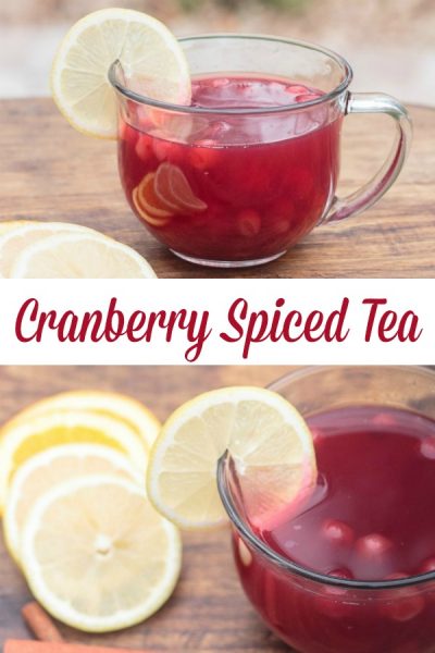 collage photo showing a mug of cranberry spiced tea garnished with lemon
