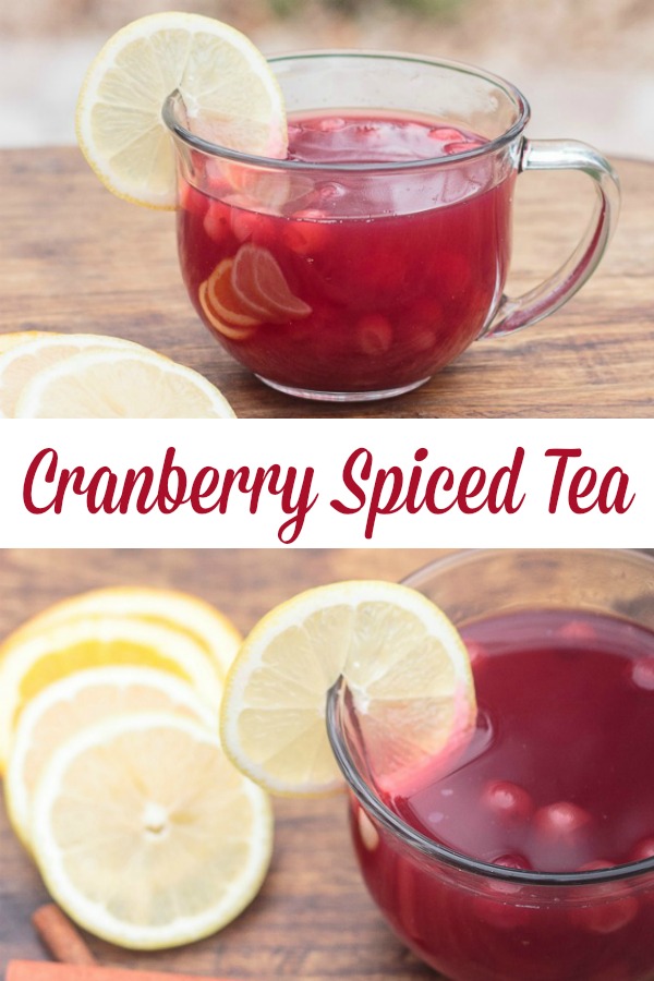 collage photo showing a mug of cranberry spiced tea garnished with lemon