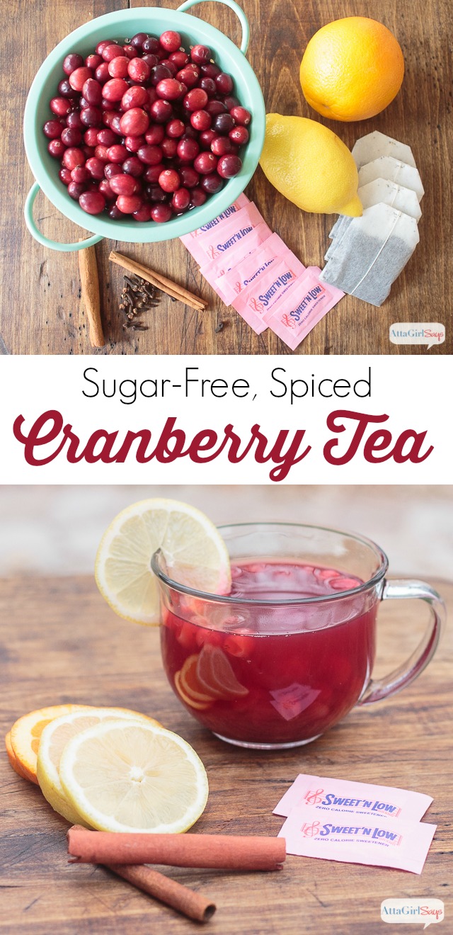 collage photo showing a glass mug of cranberry spiced tea with lemon slices and cinnamon sticks
