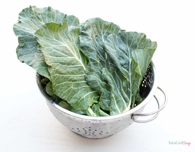 collard greens in a silver collander
