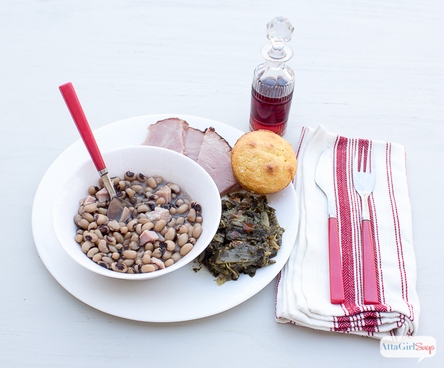 ham, collard greens, cornbread and black eyed peas with red wine vinegar for New Year's Day