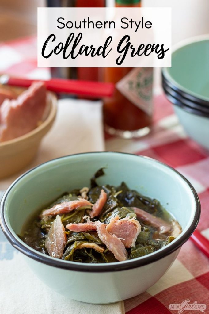 bowl of collard greens and ham with hot sauce and vinegar