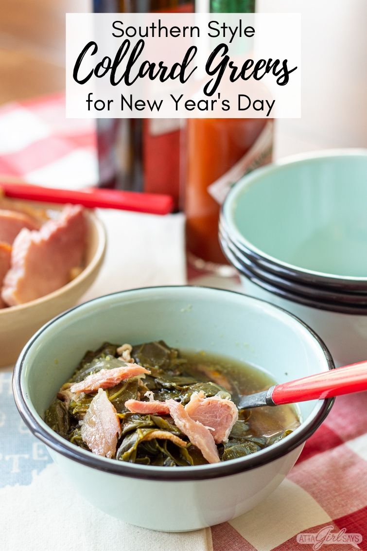bowl of collard greens and ham with hot sauce and vinegar