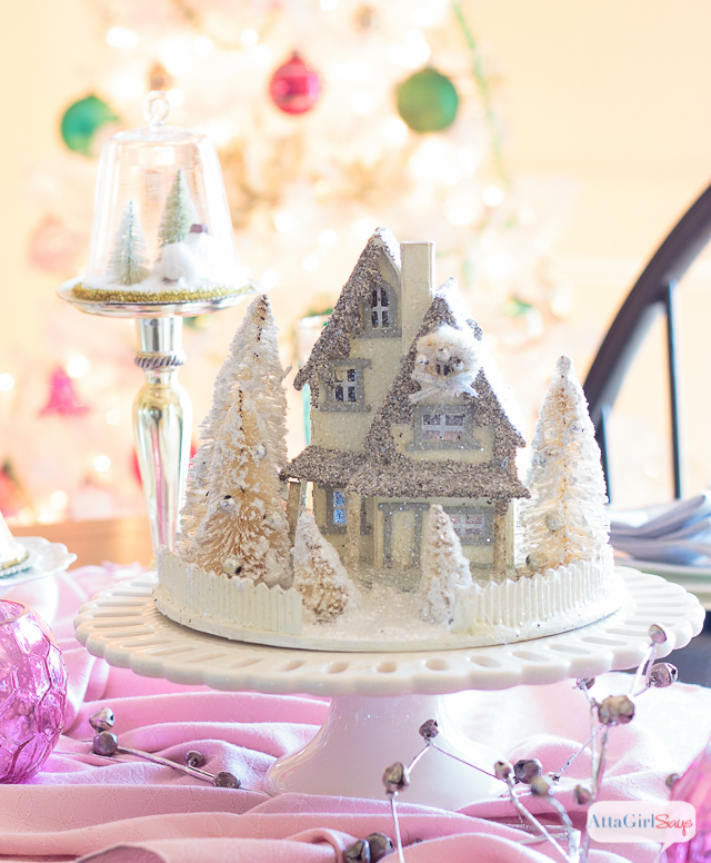 Vintage Inspired White Christmas Tree with Pink and Green Shiny-Brite Ornaments