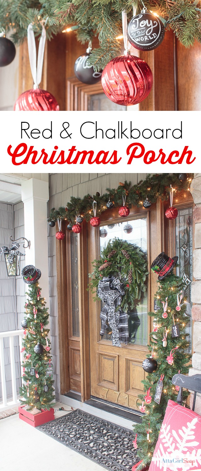 It all started with some gorgeous, wide chalkboard ribbon. Throw in a some vintage Christmas decorations, greenery and ample pops of red, and the result is a gorgeous front porch decorated for Christmas. Who wouldn't want to spend time relaxing in this beautiful space? It's so welcoming and festive!
