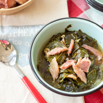 bowl of homemade collard greens with ham