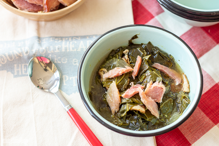 bowl of homemade collard greens with ham