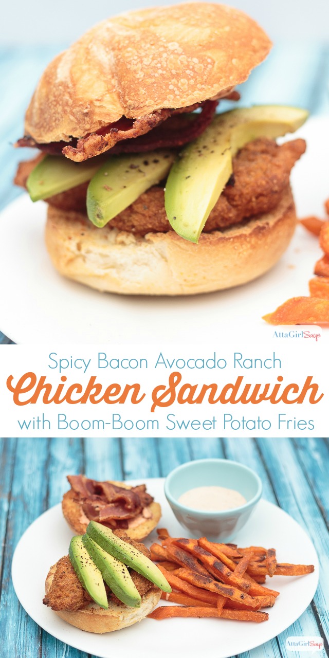 The next time you're craving fast food, give this chicken sandwich recipe a try. Fried southern-style chicken with spicy ranch sauce, bacon and avocado slices, paired with sweet potato fries with a homemade spicy boom-boom dipping sauce. #ad #farmtoflavorrecipes