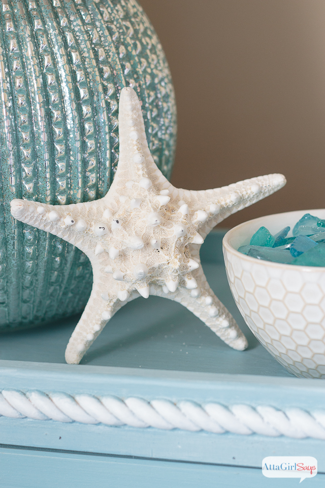 This gorgeous Ikea RAST hack nightstand is painted in Eulalie's Sky, a gorgeous aqua from Miss Mustard Seed's Milk Paint. It's the perfect coastal hue. #hickoryhardware #ikeahack #sponsored