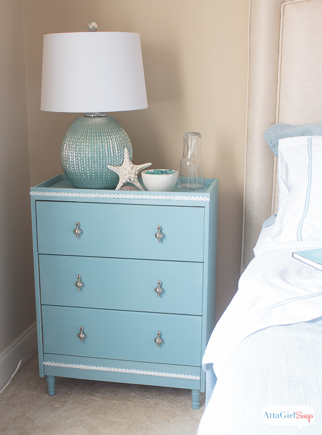 For years, I searched for the perfect nightstands for our guest bedroom. When I couldn't find the sophisticated coastal ones look I was going for in our budget, I made my own using a $35 pine dresser from Ikea. Anybody can do this simple Ikea RAST hack. Click for step-by-step instructions #hickoryhardware #sponsored #Ikeahack
