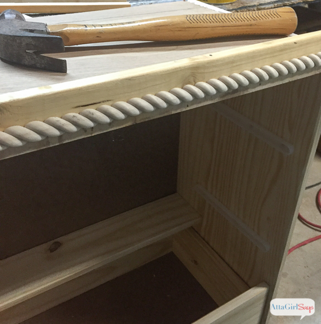 Add rope trim molding to give a plain dresser character. You can see more of this easy Ikea RAST hack by clicking. #hickoryhardware #sponsored #ikeahack 