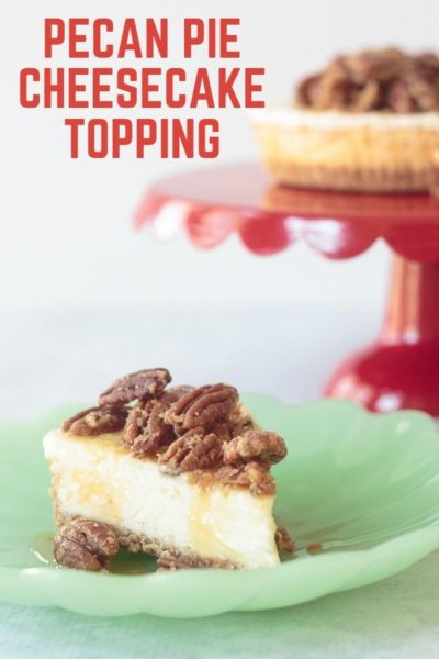slice of pecan pie cheesecake beside a red cake stand