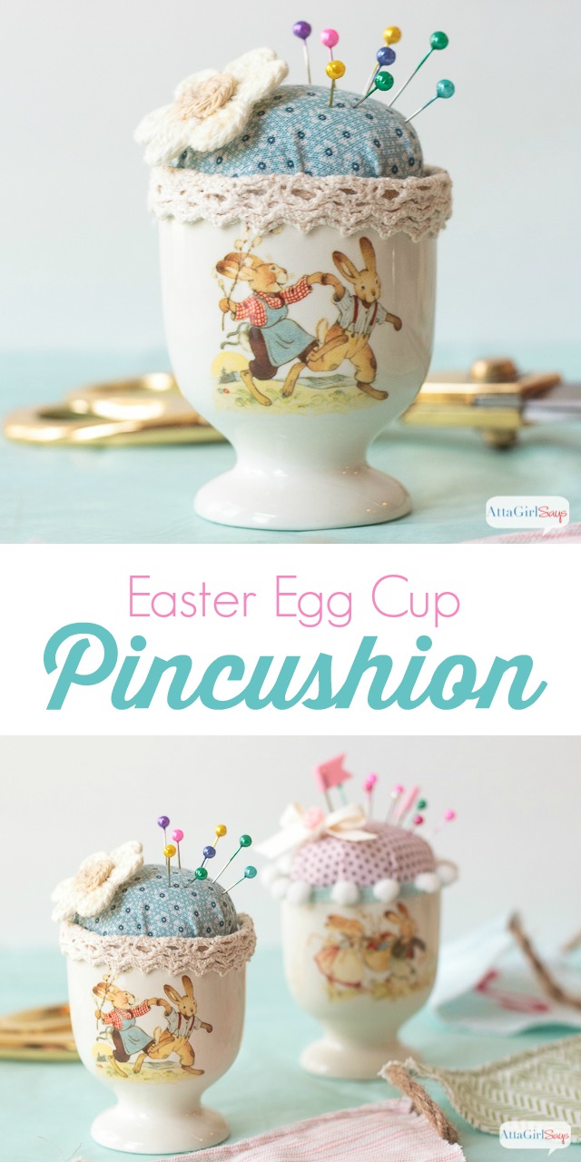 collage image showing easter egg cup pincushions