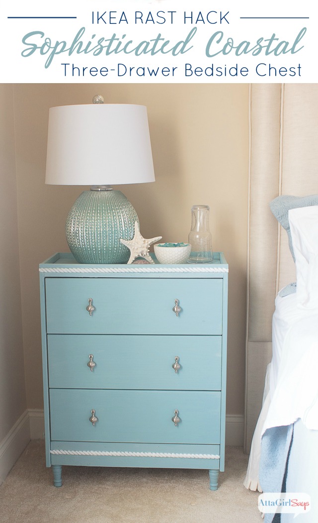 For years, I searched for the perfect nightstands for our guest bedroom. When I couldn't find the sophisticated coastal ones look I was going for in our budget, I made my own using a $35 pine dresser from Ikea. Anybody can do this simple Ikea RAST hack. Click for step-by-step instructions #hickoryhardware #sponsored #Ikeahack