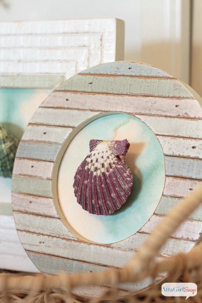 framed seashell on a watercolor background