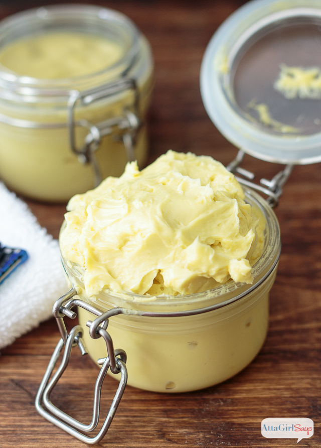 Homemade shaving cream makes a great Father's Day gift. You can make a batch in less than 10 minutes. This stuff smells so good, and you'll get a really close shave with it.