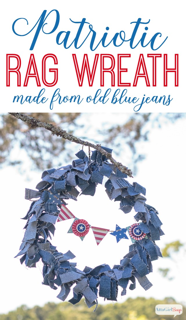 Use an old pair of blue jeans to make this easy patriotic denim rag wreath for July 4th.