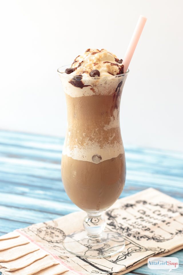 snickerdoodle frappe in a hurricane glass
