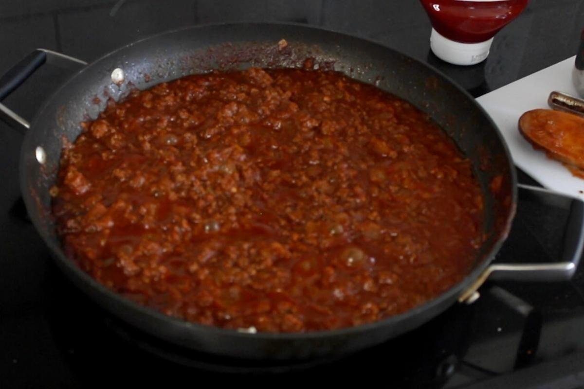 thickened hot dog chili in a pan