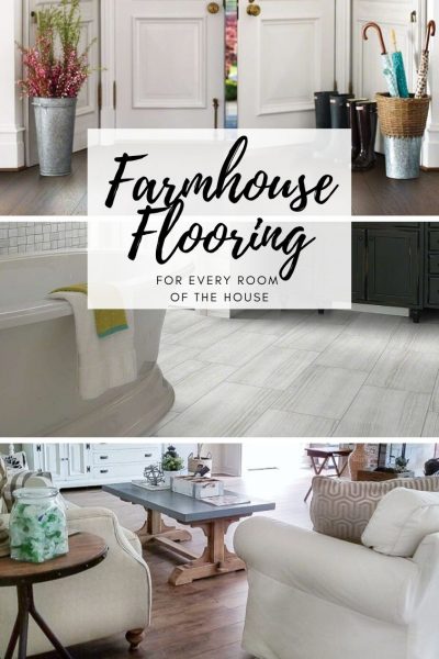 collage with farmhouse flooring in entryway, living room and bathroom