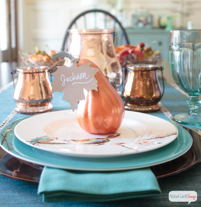Turn Dollar Tree gourds in gorgeous Thanksgiving place cards with metallic paint. Copper looks great with traditional fall colors. #sponsored #decoartprojects