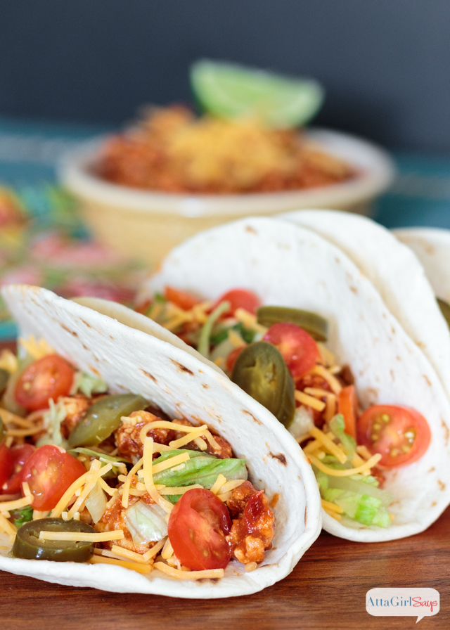 Taco night meets Manwich thanks to this tangy, quick and easy chicken taco recipe that is ready in less than 15 minutes. #ad #ManwichTonight